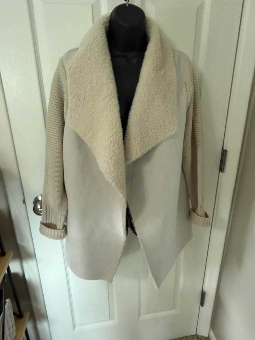 Soft Surroundings Cream Open-Front Teddy Jacket with Knit Sleeves